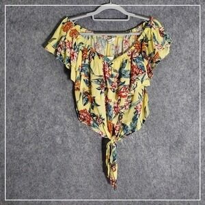 Miss Selfie Top L Hawaiian Tropical Ruffle Cropped Off Shoulder Lightweight